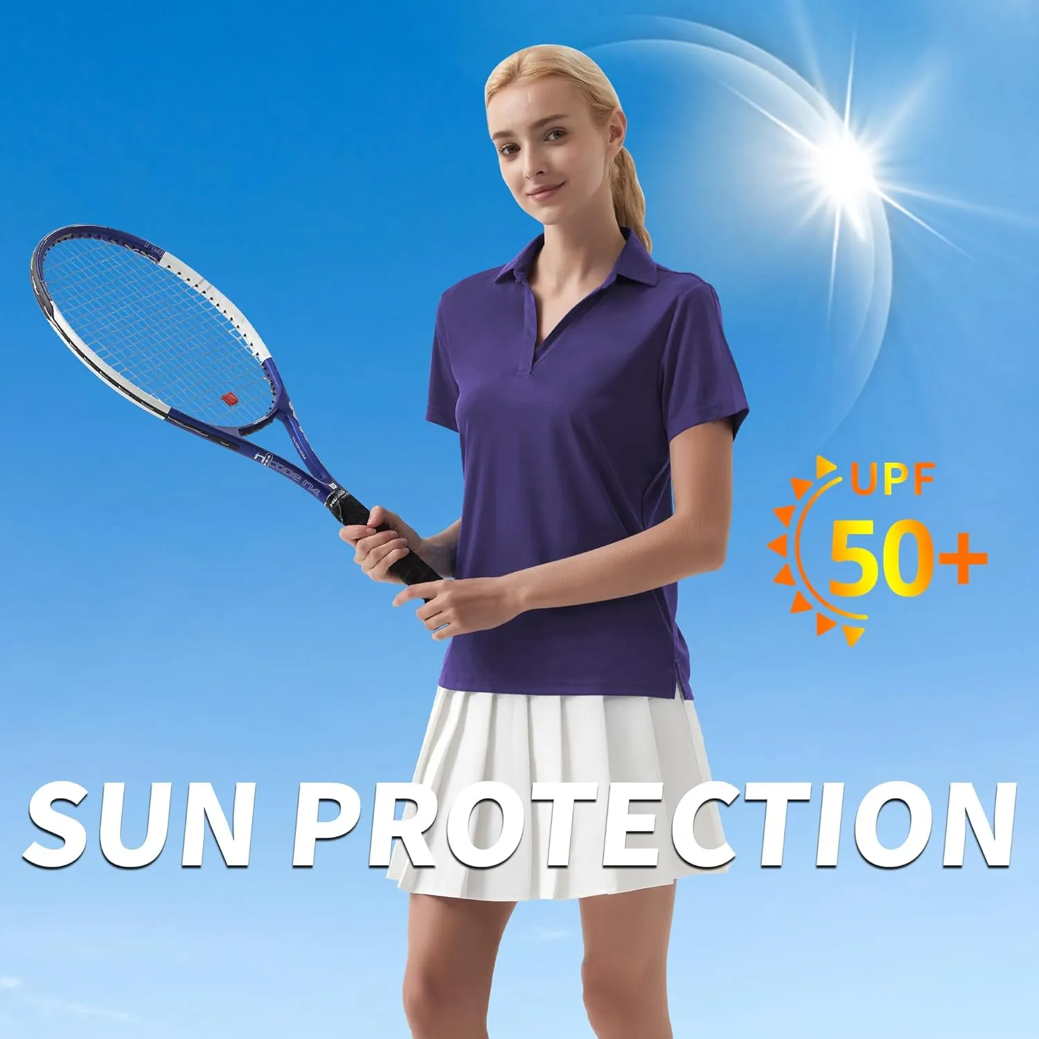 QBK Women's Golf Polo Shirt UPF 50  Dry Fit Collared V-Neck Short Sleeve Tennis Top