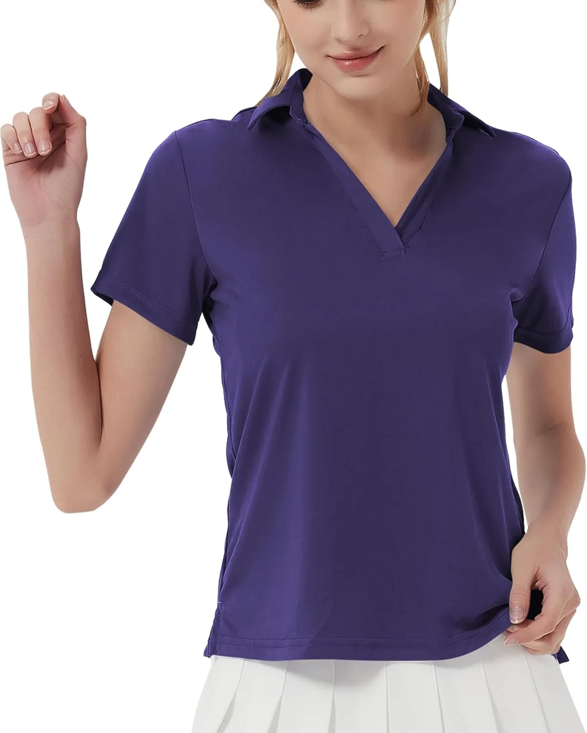 QBK Women's Golf Polo Shirt UPF 50  Dry Fit Collared V-Neck Short Sleeve Tennis Top