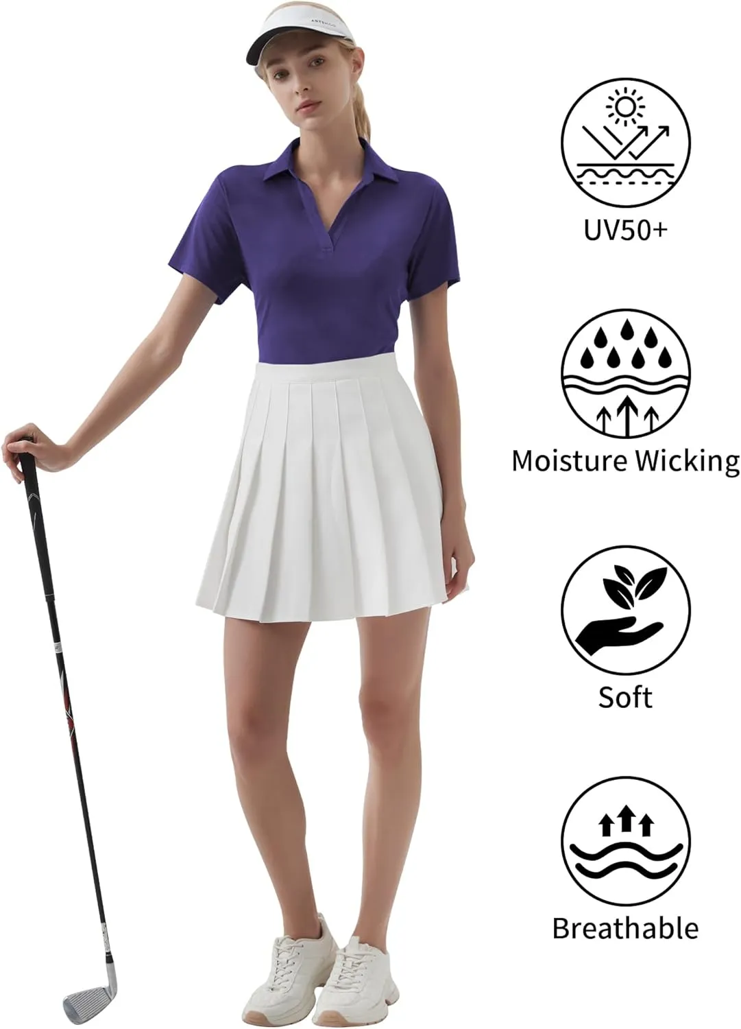QBK Women's Golf Polo Shirt UPF 50  Dry Fit Collared V-Neck Short Sleeve Tennis Top