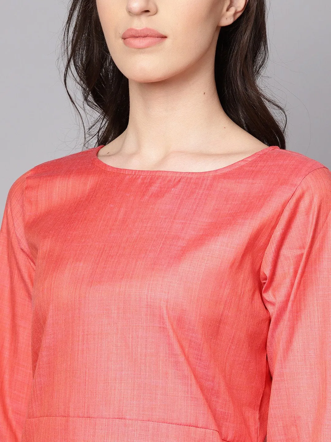Red Full Sleeve Cotton Kurta With  Pant And Brocade Dupatta