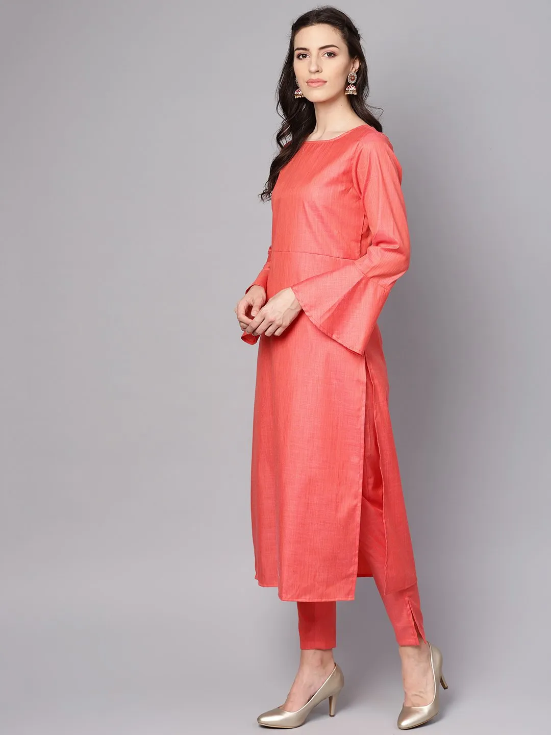 Red Full Sleeve Cotton Kurta With  Pant And Brocade Dupatta