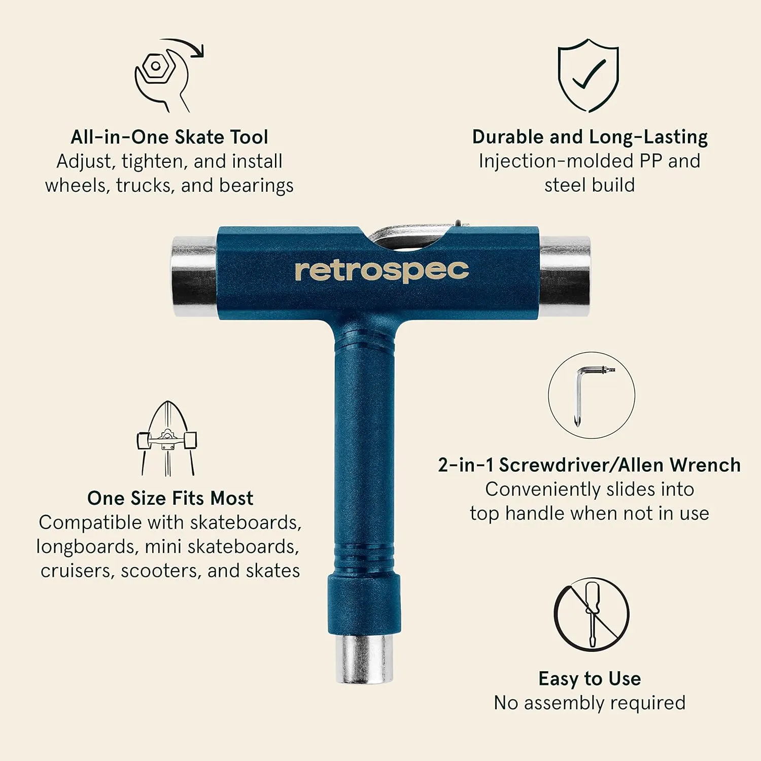 Retrospec Upkeep All-in-One Multi-Function Portable Skate Tool with 2-in-1 Allen Wrench & Phillips Head Screwdriver for Adjusting and Tightening Skateboard/Longboard Wheels, Trucks, and Kingpins
