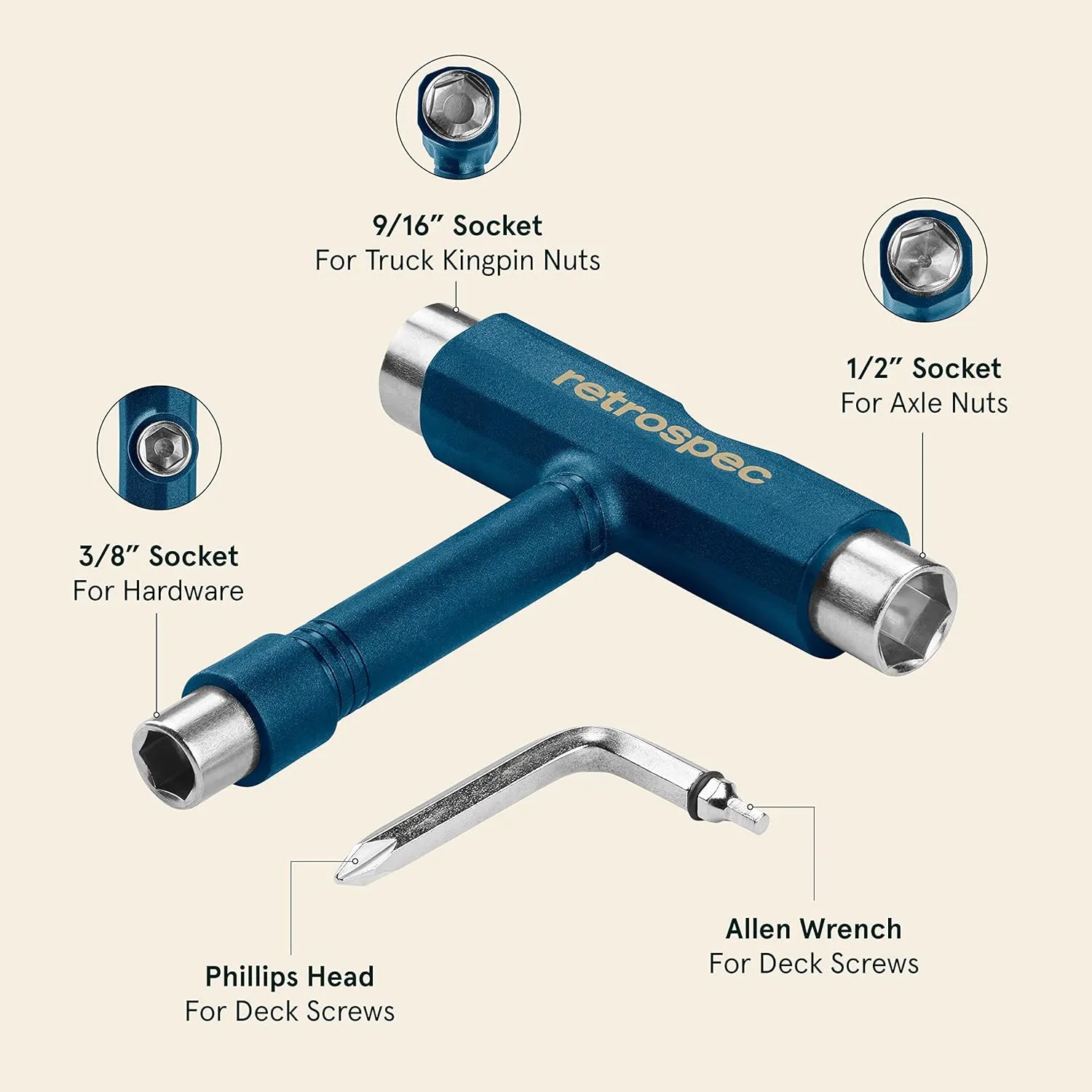 Retrospec Upkeep All-in-One Multi-Function Portable Skate Tool with 2-in-1 Allen Wrench & Phillips Head Screwdriver for Adjusting and Tightening Skateboard/Longboard Wheels, Trucks, and Kingpins