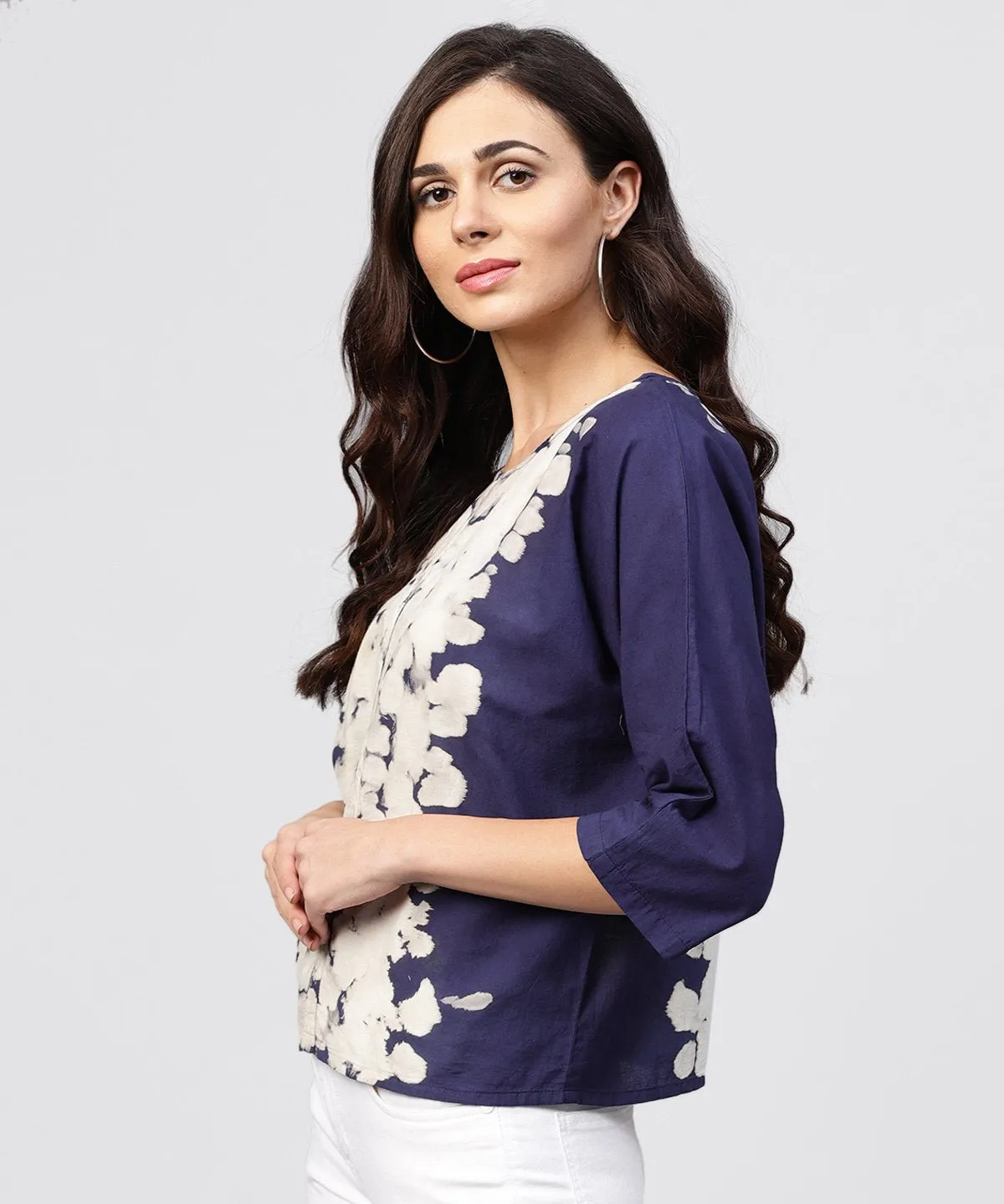 Round Neck Tie & Dye Multi Colored Top With Front Placket And 3/4 Sleeves