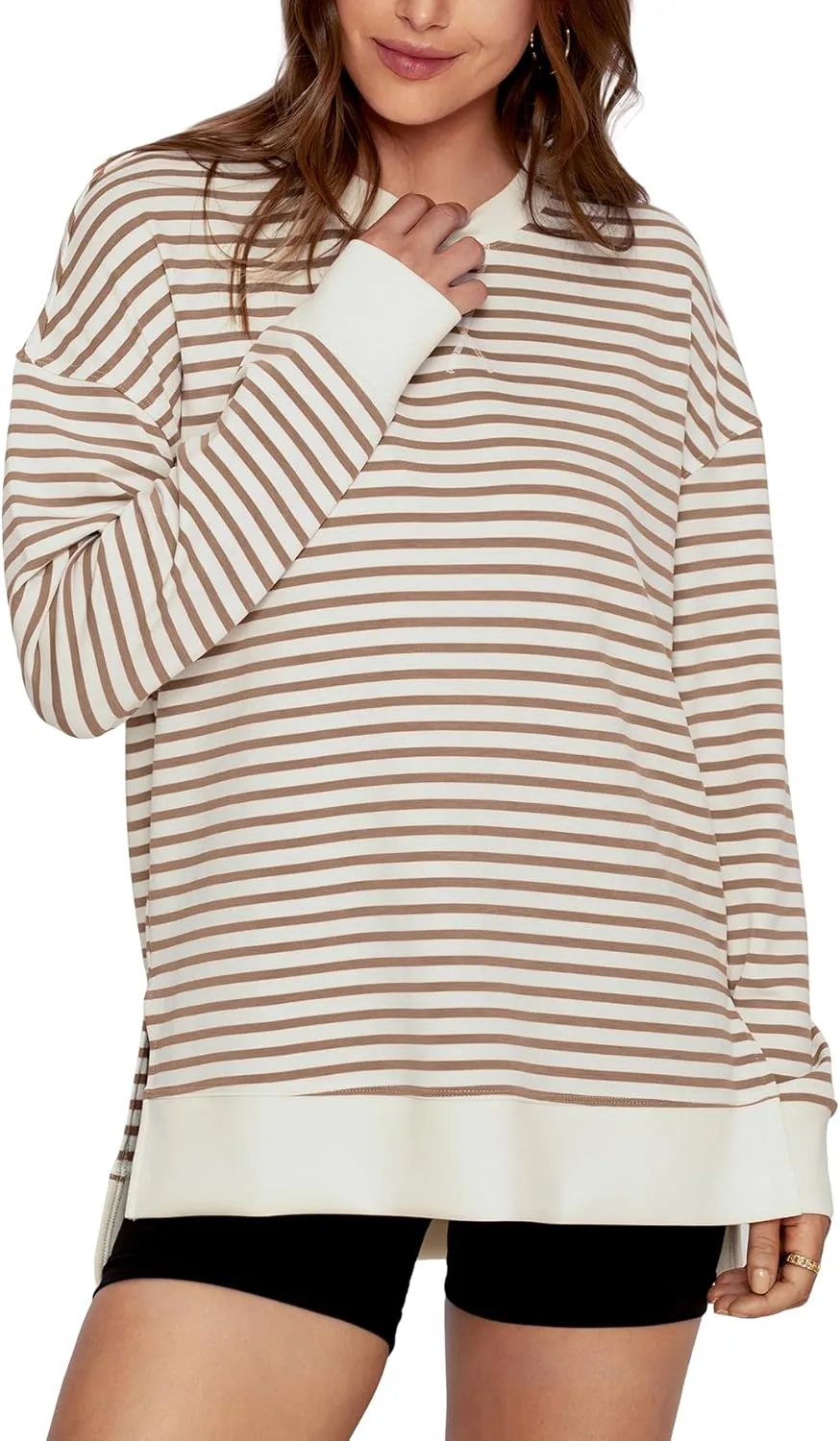 Simplee Womens Sweatshirt Long Sleeve Crewneck Striped Sweatshirt for Women 2024 Trendy Fall Tops Pullover Sweatshirts