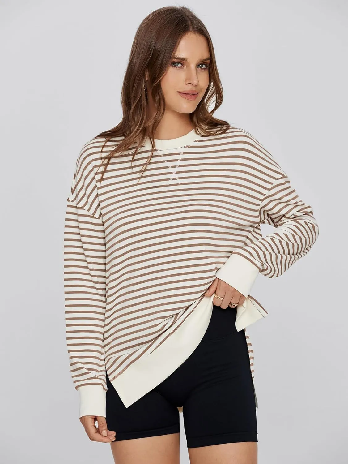 Simplee Womens Sweatshirt Long Sleeve Crewneck Striped Sweatshirt for Women 2024 Trendy Fall Tops Pullover Sweatshirts