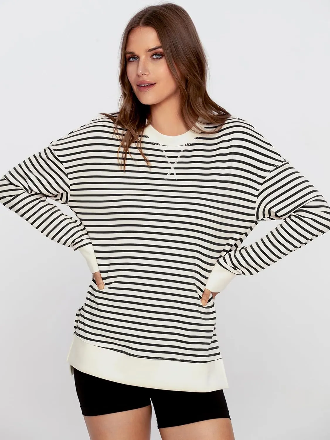 Simplee Womens Sweatshirt Long Sleeve Crewneck Striped Sweatshirt for Women 2024 Trendy Fall Tops Pullover Sweatshirts