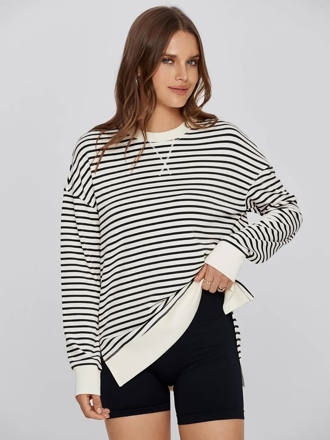 Simplee Womens Sweatshirt Long Sleeve Crewneck Striped Sweatshirt for Women 2024 Trendy Fall Tops Pullover Sweatshirts