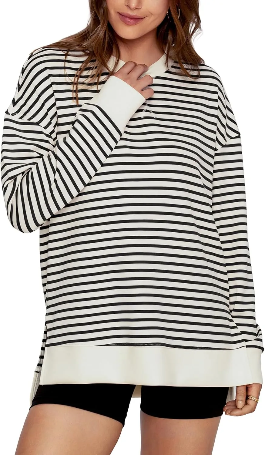 Simplee Womens Sweatshirt Long Sleeve Crewneck Striped Sweatshirt for Women 2024 Trendy Fall Tops Pullover Sweatshirts