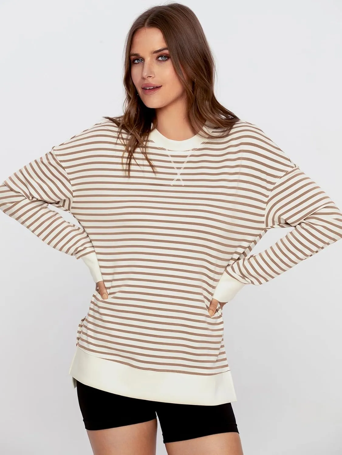 Simplee Womens Sweatshirt Long Sleeve Crewneck Striped Sweatshirt for Women 2024 Trendy Fall Tops Pullover Sweatshirts