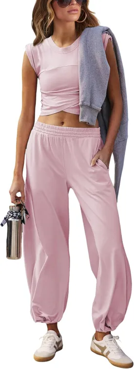 Springrain Womens Two Pieces Outfits Casual Lounge Sets Cropped Tops Sweatpants Tracksuit with Pockets