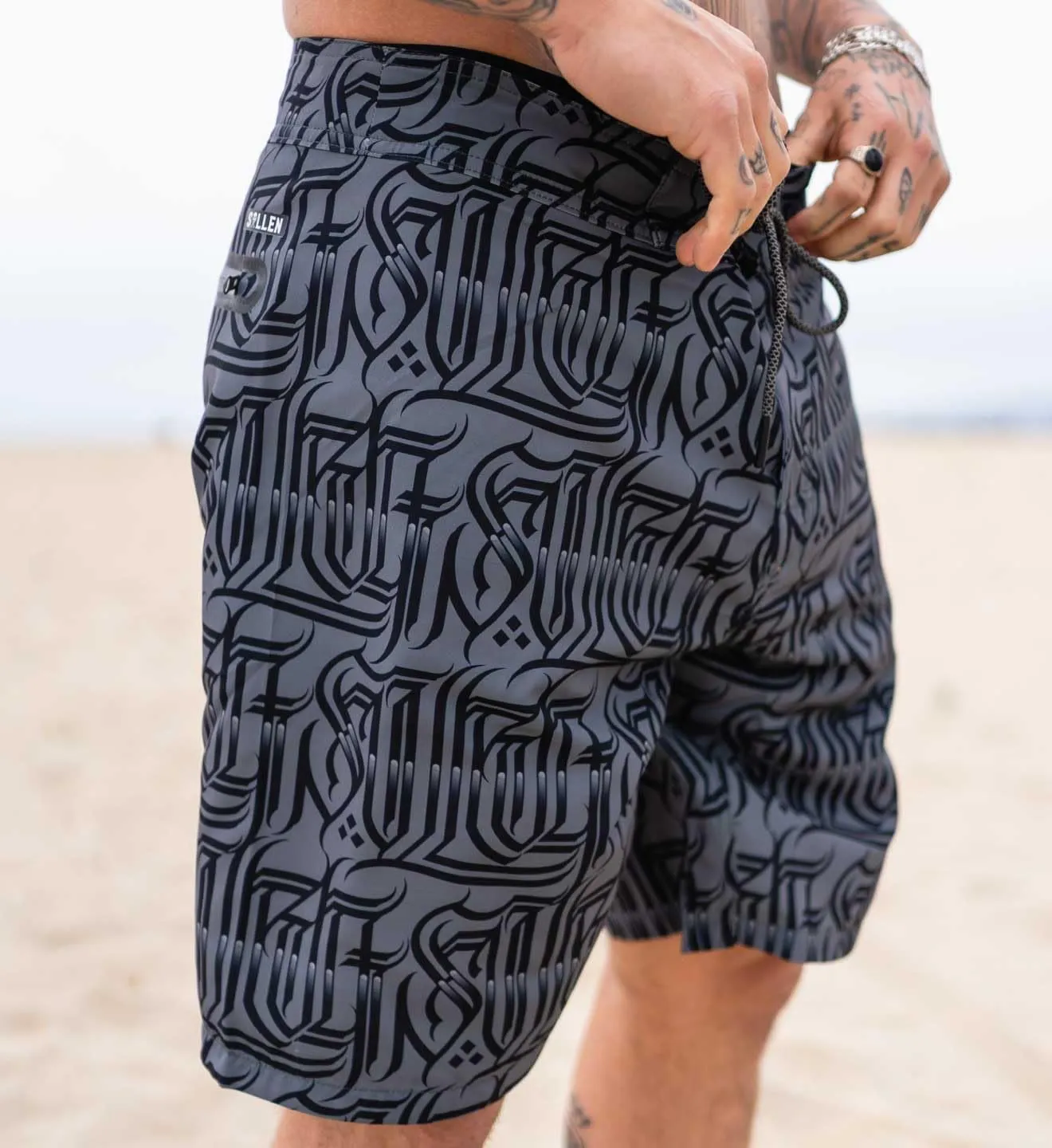 Sullen Richie Tattoo Lifestyle Graphic Lettering Swim Drawstring Boardshorts Grey