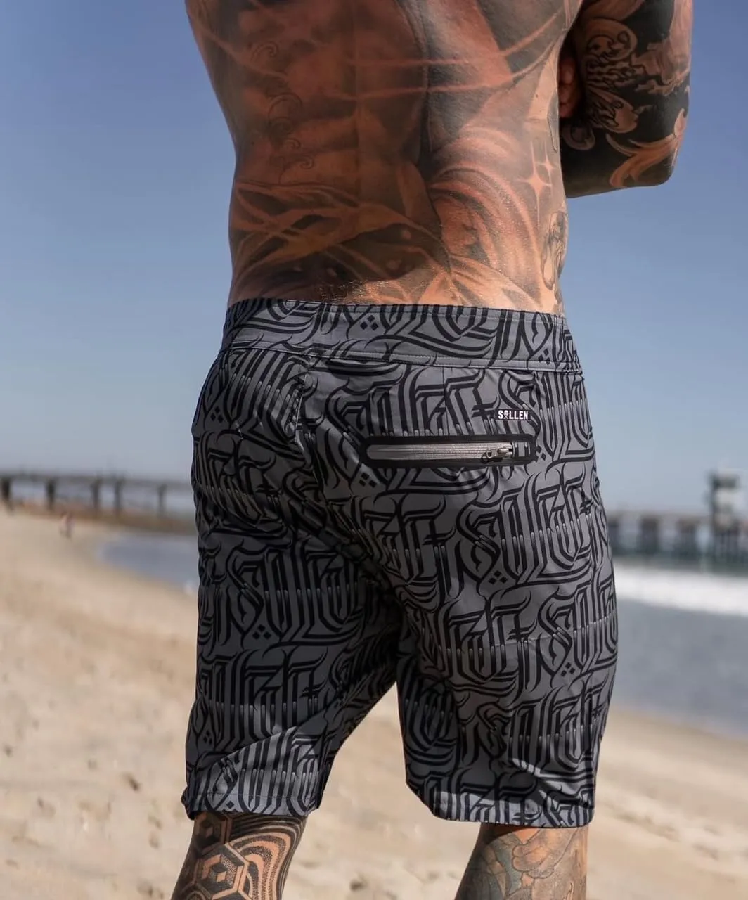 Sullen Richie Tattoo Lifestyle Graphic Lettering Swim Drawstring Boardshorts Grey