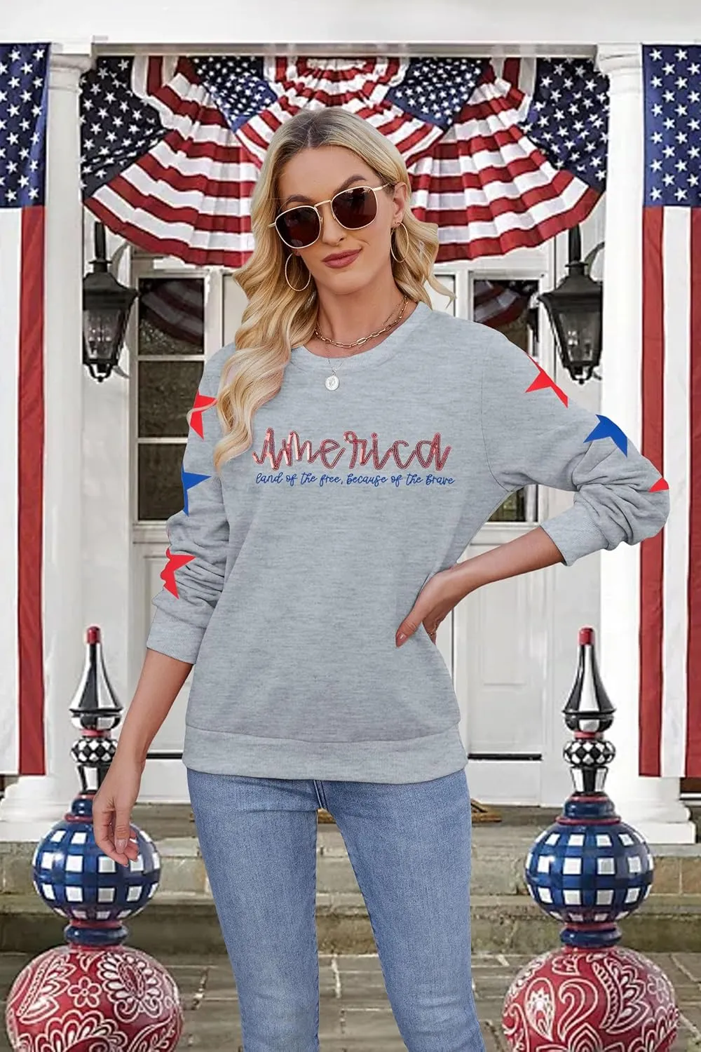 SUPEYA Womens USA Sweatshirt American Flag Graphic Pullover Crewneck Long Sleeve Tees Clothes 4th of July Tee Tops