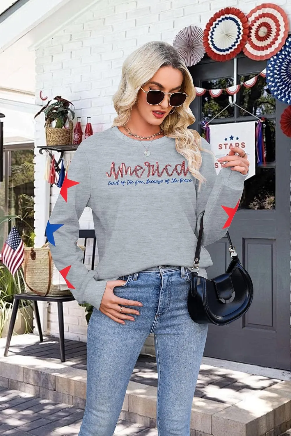 SUPEYA Womens USA Sweatshirt American Flag Graphic Pullover Crewneck Long Sleeve Tees Clothes 4th of July Tee Tops