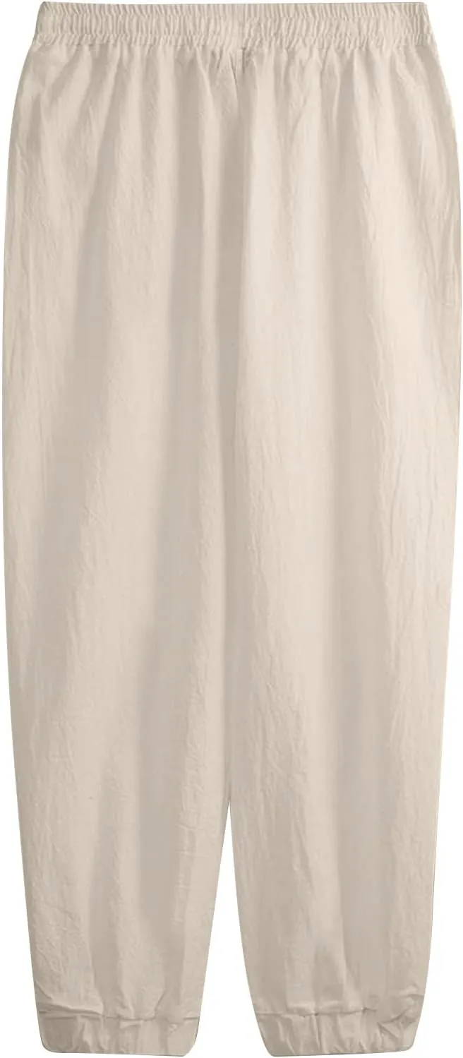 WENKOMG1 Cotton Linen Pants for Men Elastic Waist and Ankle Drawstring Baggy Style Lightweight Breathable Beach Pants