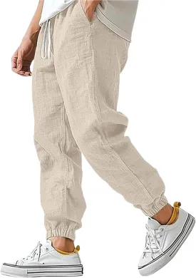 WENKOMG1 Cotton Linen Pants for Men Elastic Waist and Ankle Drawstring Baggy Style Lightweight Breathable Beach Pants