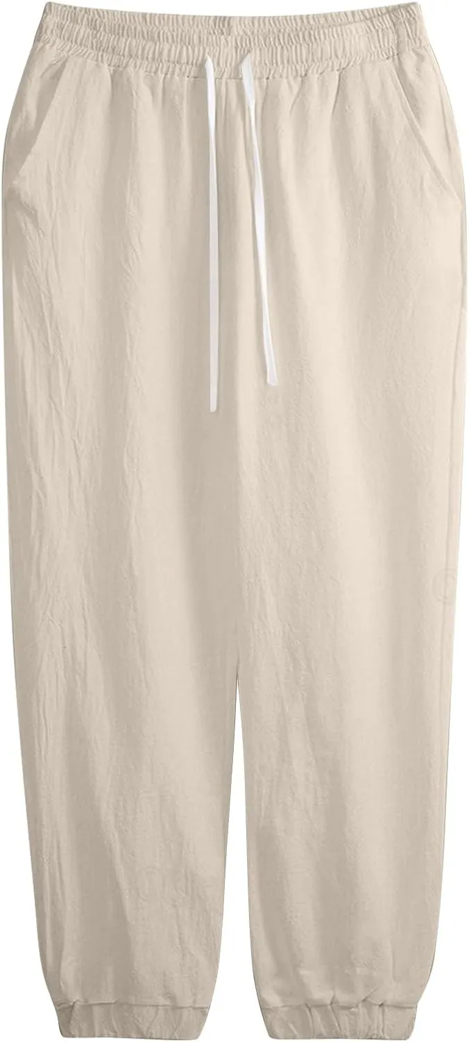 WENKOMG1 Cotton Linen Pants for Men Elastic Waist and Ankle Drawstring Baggy Style Lightweight Breathable Beach Pants
