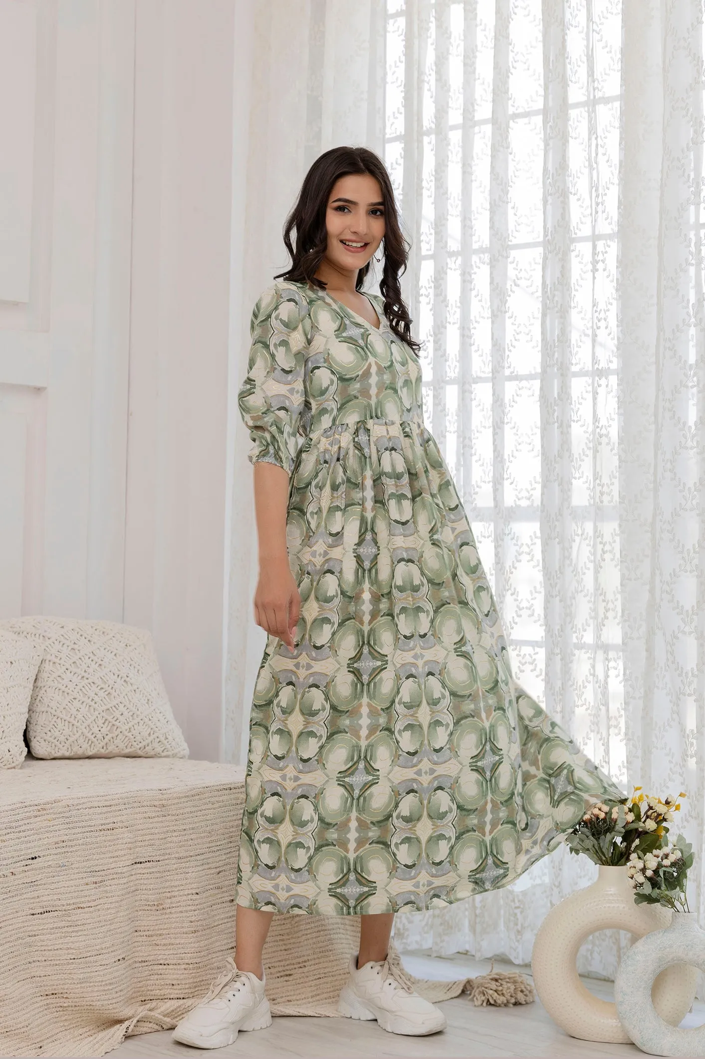 Women Green Abstract Printed Flared Dress