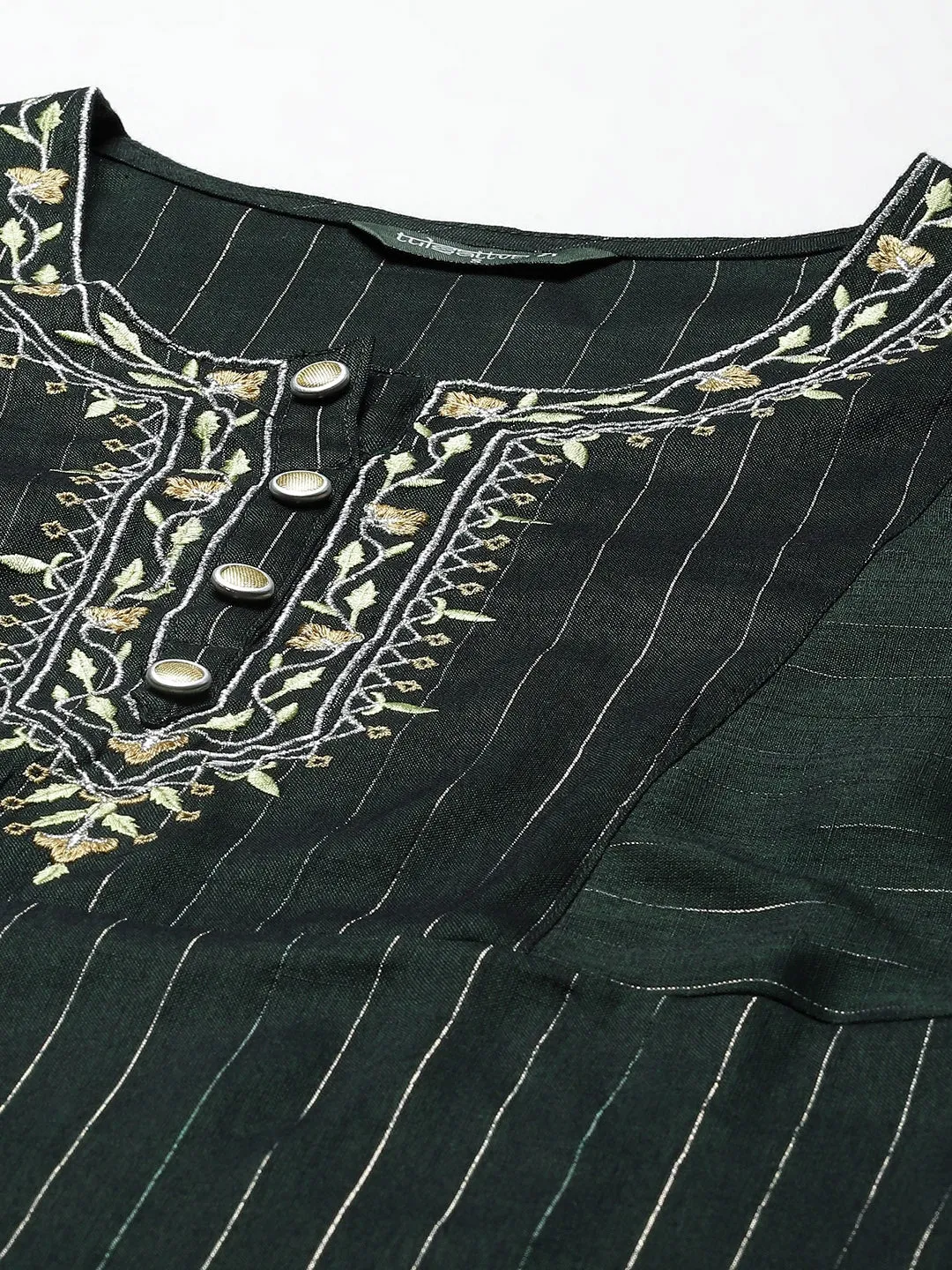 Women Green Striped Kurta With Trousers And Dupatta