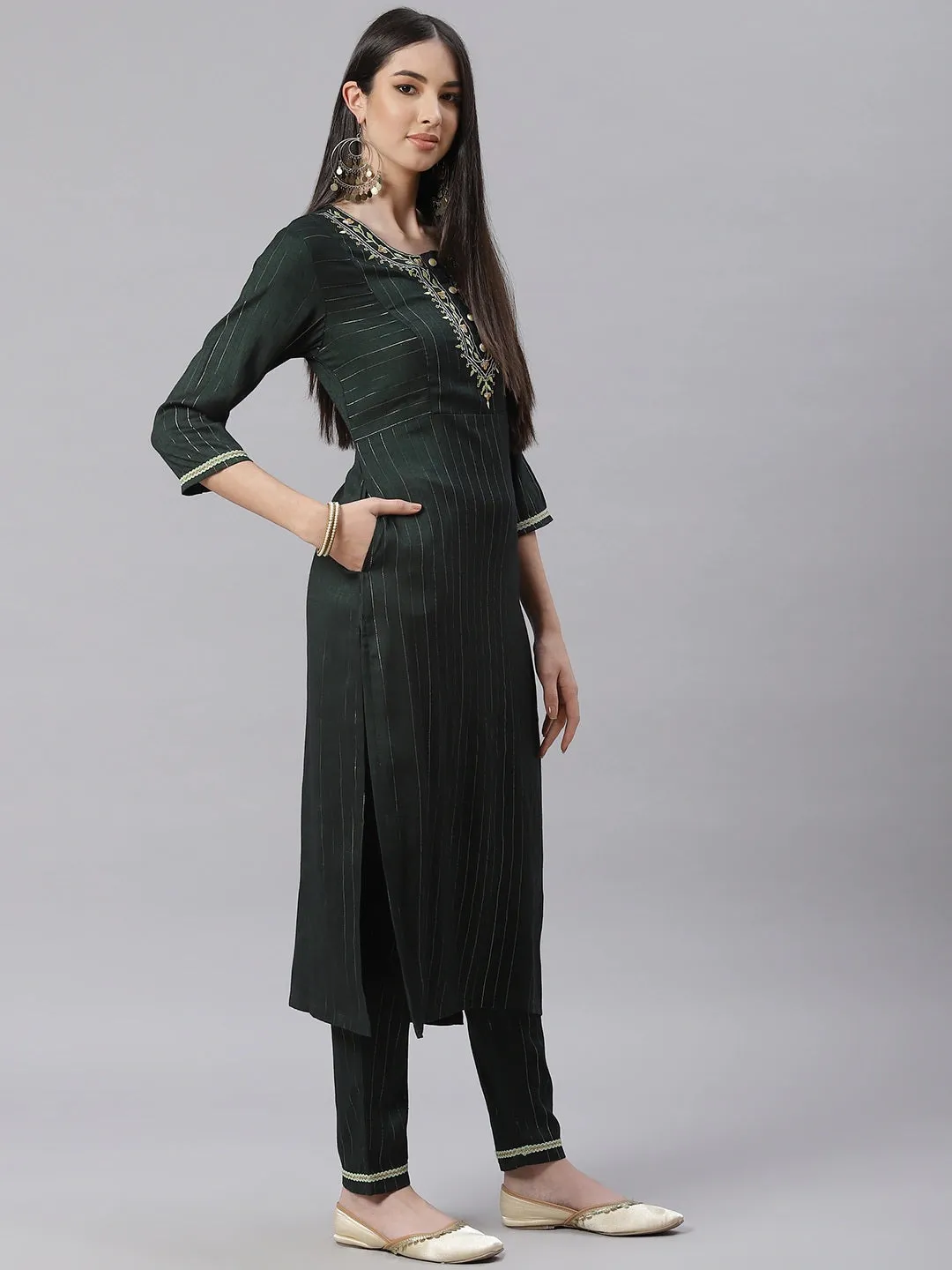 Women Green Striped Kurta With Trousers And Dupatta