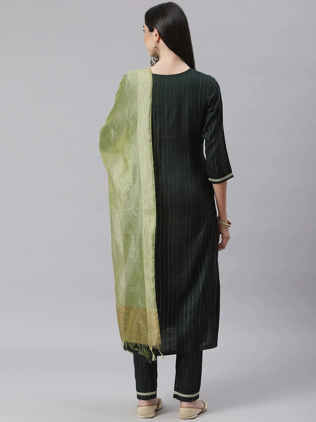 Women Green Striped Kurta With Trousers And Dupatta