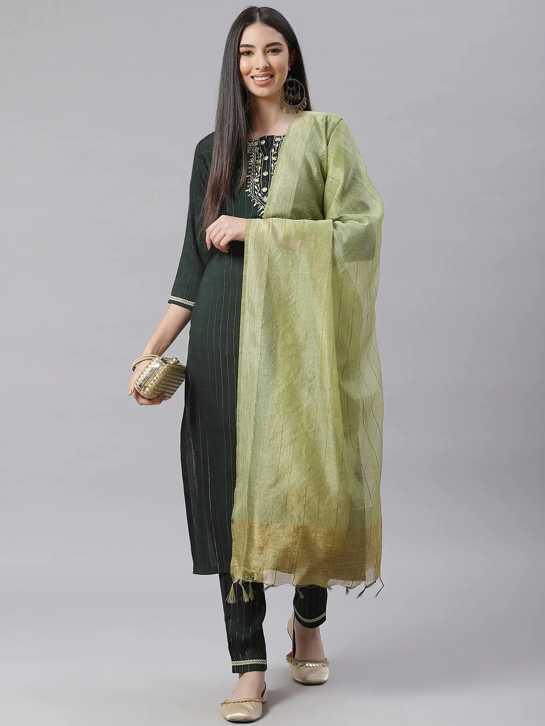 Women Green Striped Kurta With Trousers And Dupatta