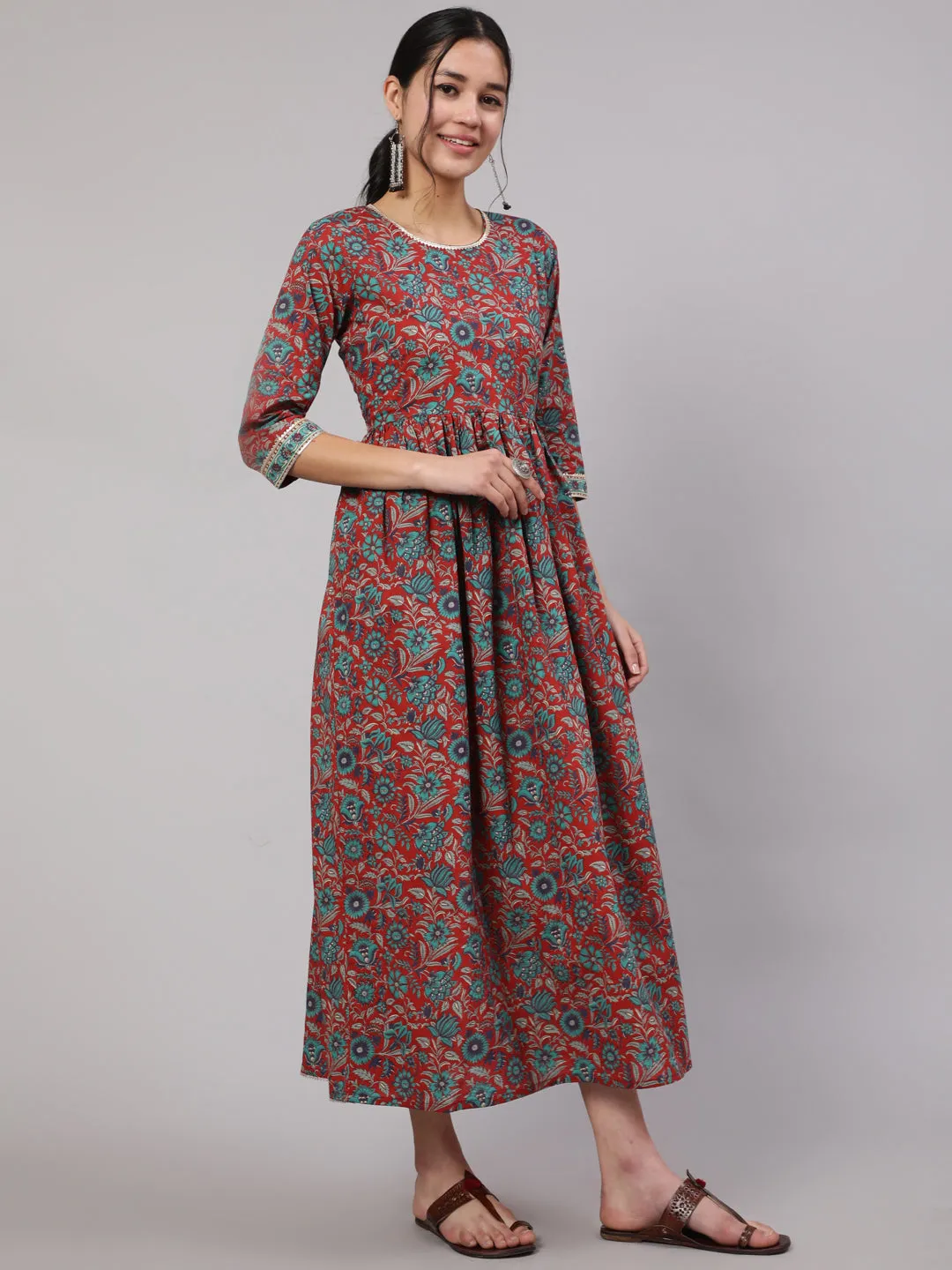 Women Multi Printed Flared Dress With Three Quarter Sleeves