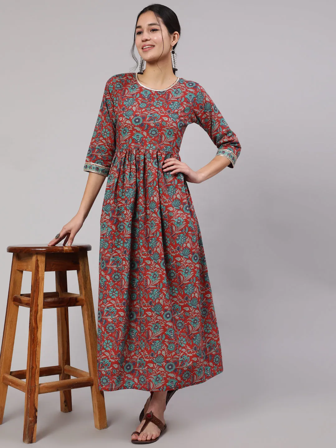 Women Multi Printed Flared Dress With Three Quarter Sleeves
