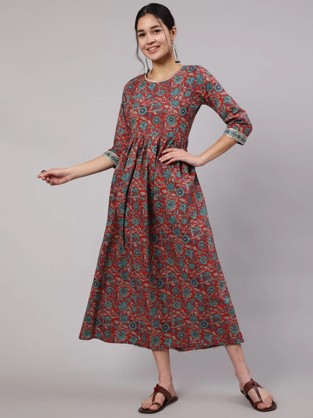 Women Multi Printed Flared Dress With Three Quarter Sleeves