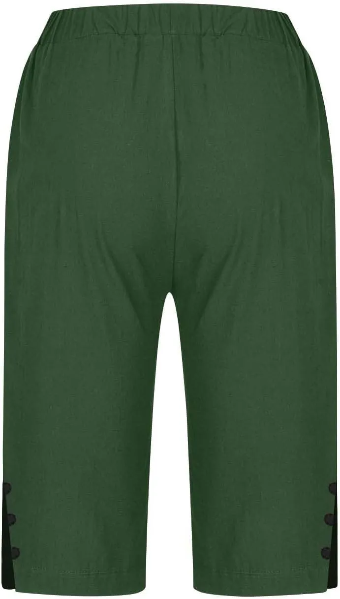 Womens Bermuda Shorts Knee Length Dressy Causal Elastic Waist Buttons Linen Shorts with Pockets Summer Beach Outfits